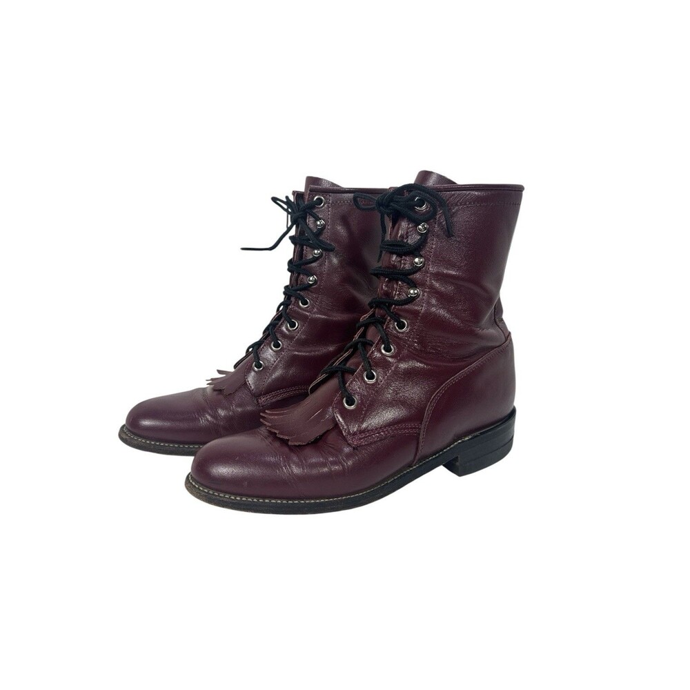 Justin Lace Up Kiltie Packer Boots Oxblood Burgundy Leather
